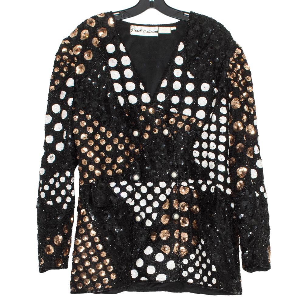 French Collizioni Vintage Jacket Sequin Beaded Silk Glam Statement Black Large